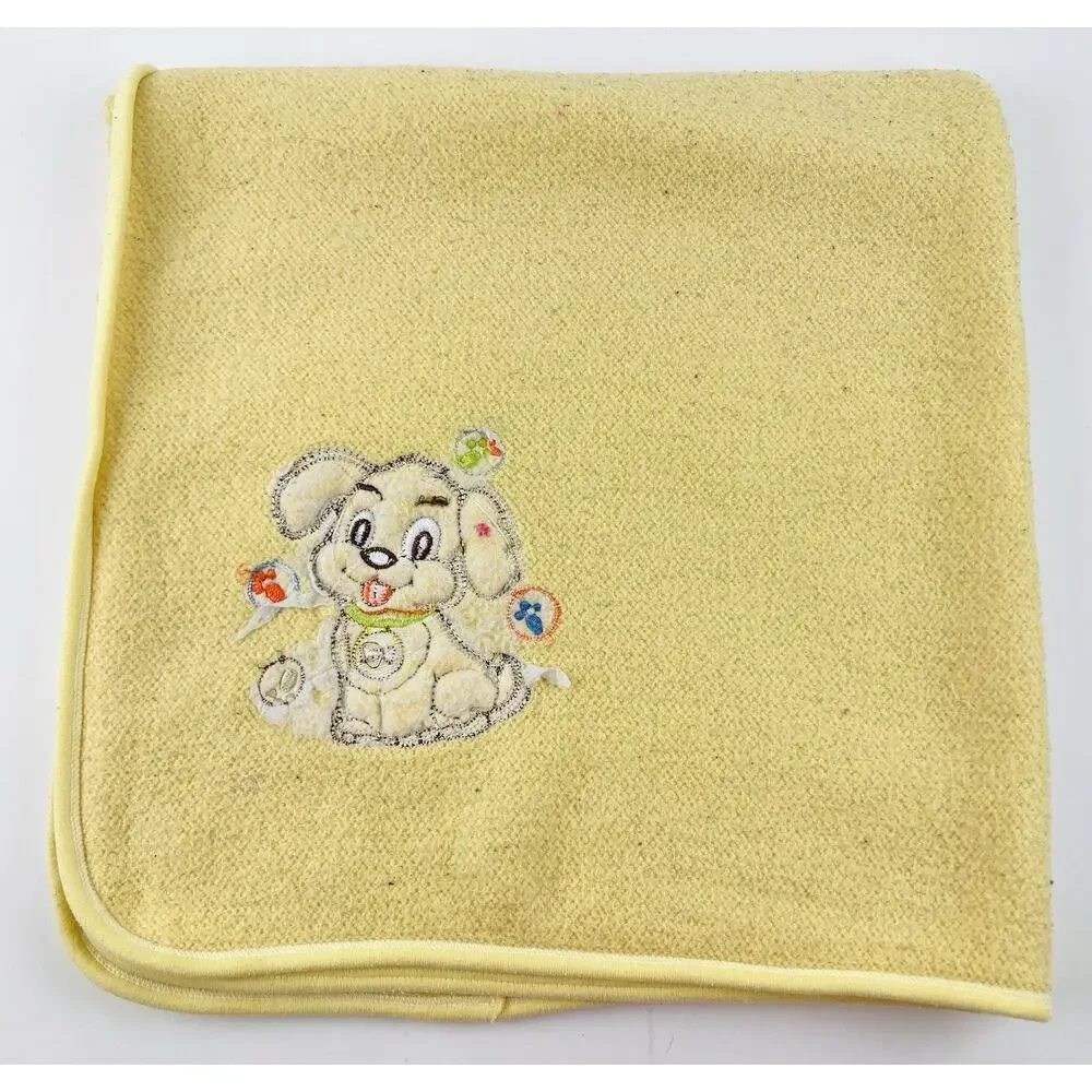 Vintage Yellow Baby Blanket Dog Sherpa Lovey Bones Tan Blonde Green Collar Tongu